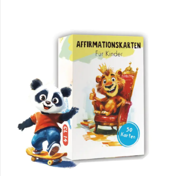 Affirmationskarten für Kinder Box mit Löwen-Thron Illustration – 50 Karten